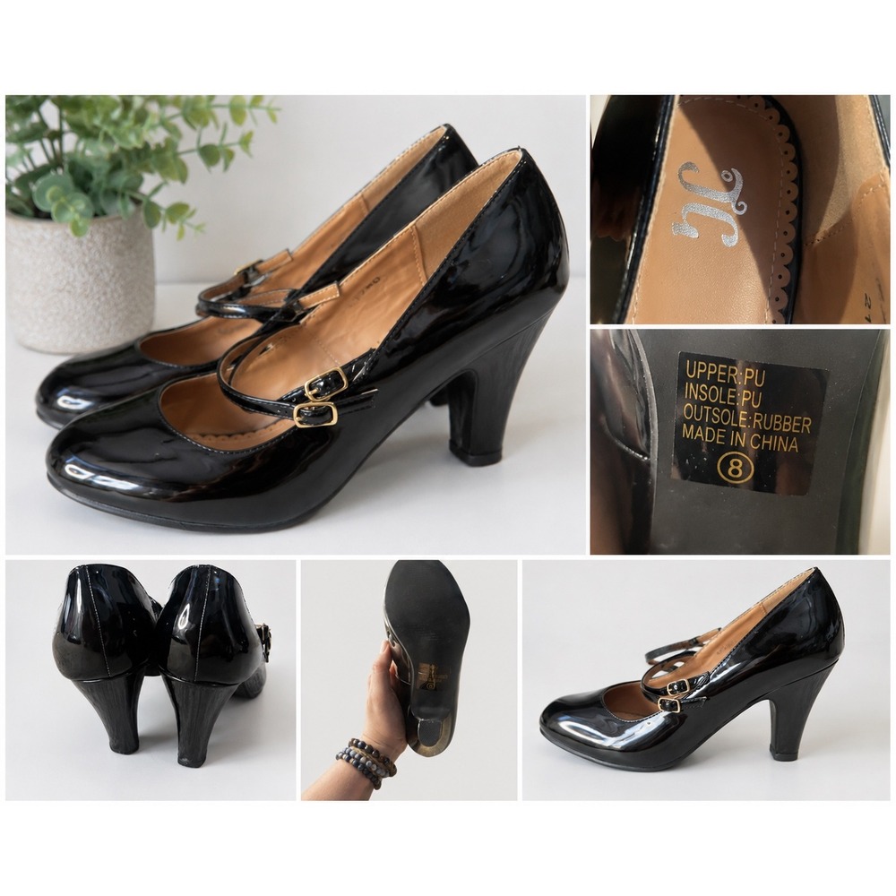 JC Black Patent Mary Jane Double Strap Heels Round Toe Pumps 21780 Mens Size 8
